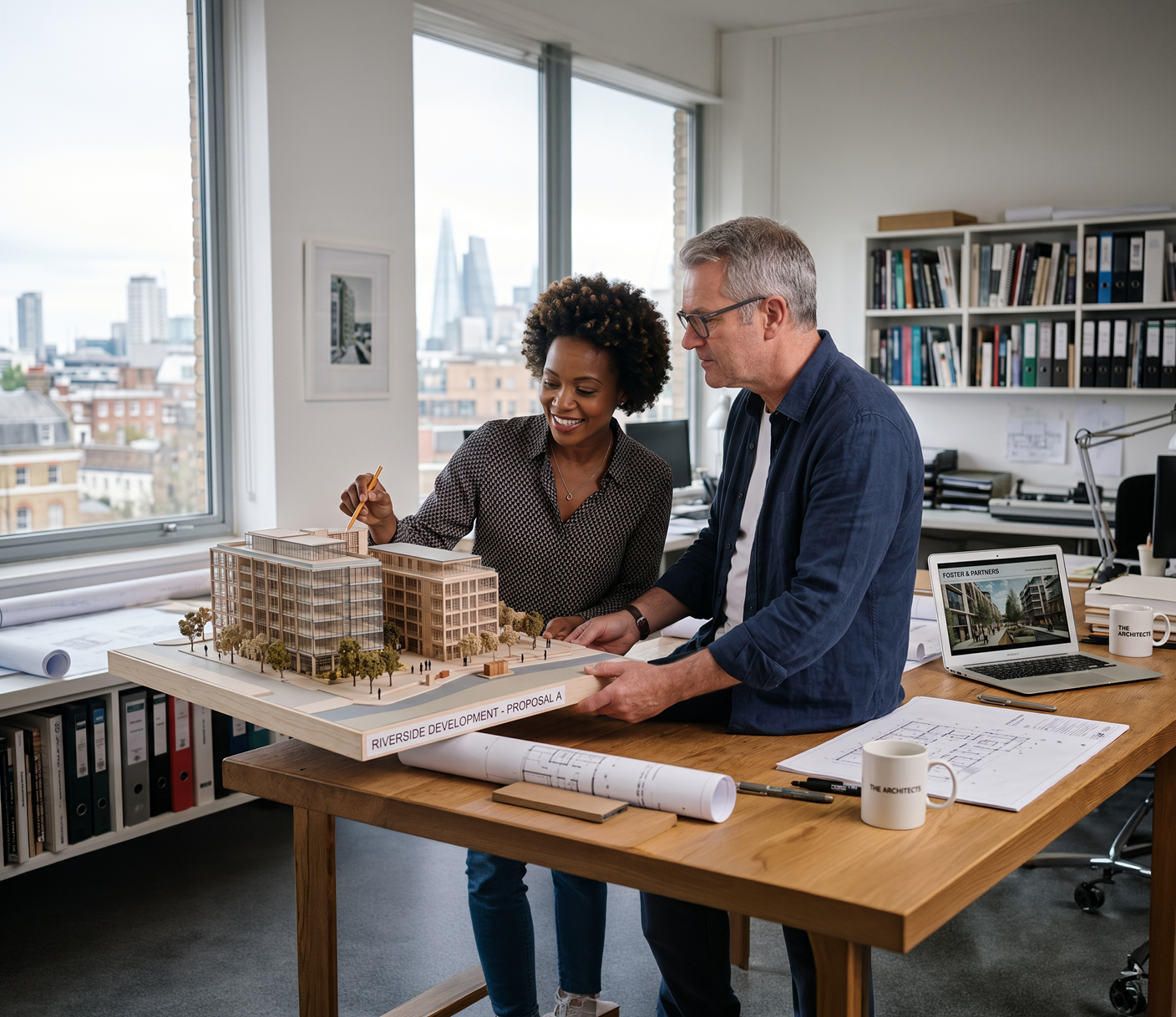 man and woman working together at desk