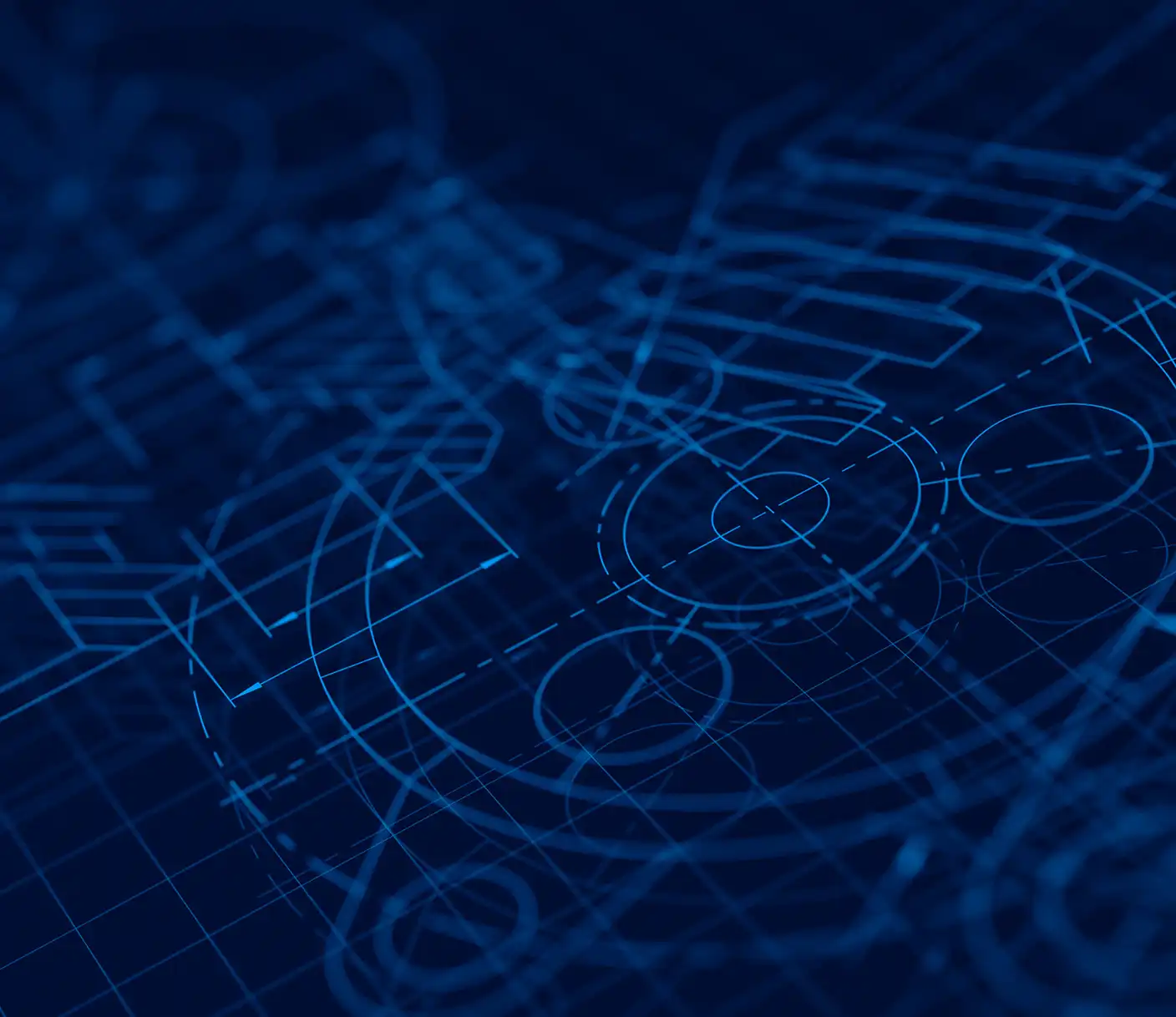 Abstract dark blue architectural blueprint with geometric engineering schematics and grid lines.
